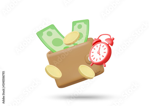 3D illustration vector render icon of wallet, alarm clock, banknotes and coins. Money management concept, financial planning and investment for growth. Time consuming isolated on white background.