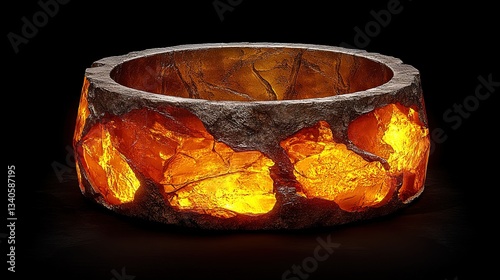 Glowing Decorative Stone Fire Pit with Amber Crystals and Textures