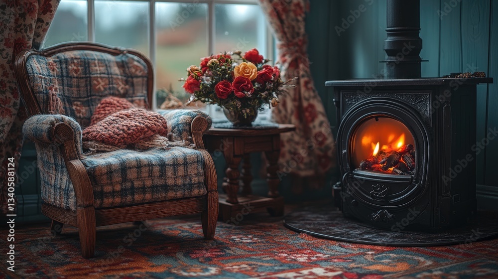 Fototapeta premium Cozy living room setting with a warm fireplace, plush armchair, and vibrant floral arrangement creating a serene atmosphere