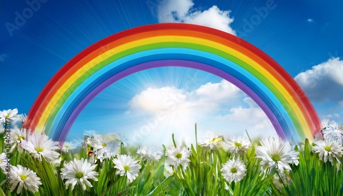 rainbow over blue sky and white spring flowers and grass beautiful idyllic rainbow spring background