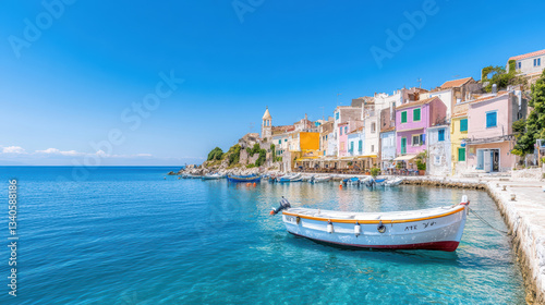 charming coastal town with pastel colored buildings and serene harbor photo