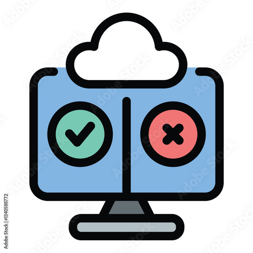 Cloud computing testing icon in flat line style representing system evaluation performance assessment and software reliability ideal for IT infrastructure quality assurance and digital solutions 