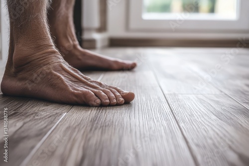 Senior male bare feet resting on smooth laminate flooring with a soft gray tone 
