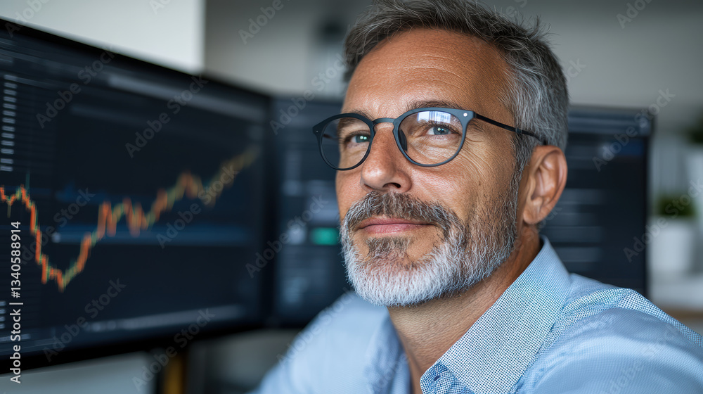 Confident man analyzing financial charts on multiple screens in office Confident man analyzing financial charts on multiple screens in office