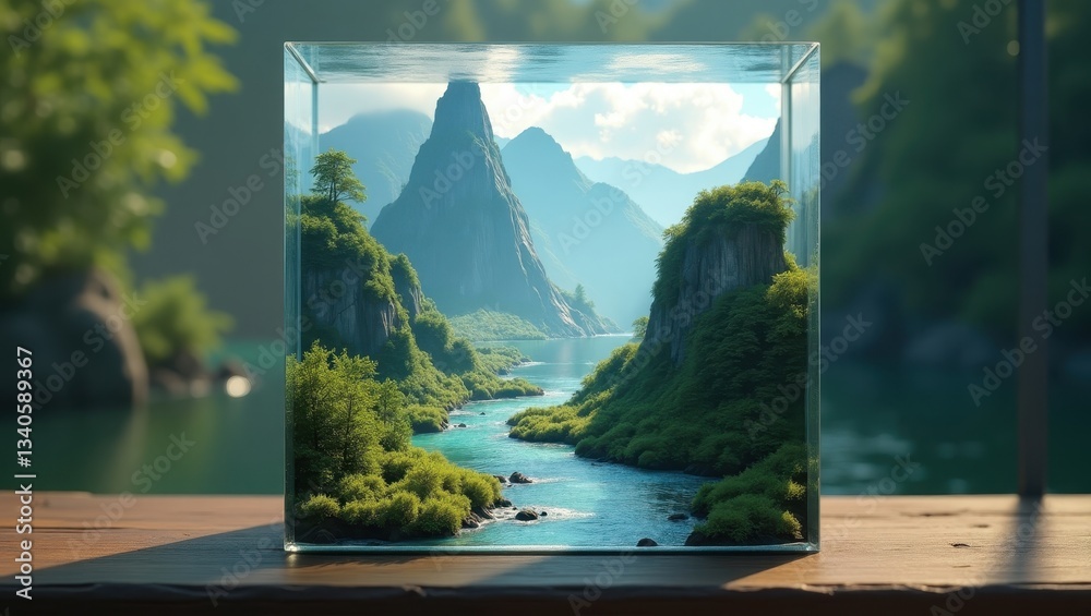 Fototapeta premium Mesmerizing miniature world inside a translucent cube with mountains and rivers. Fantasy landscape within a crystal-clear cube featuring waterfalls and misty peaks