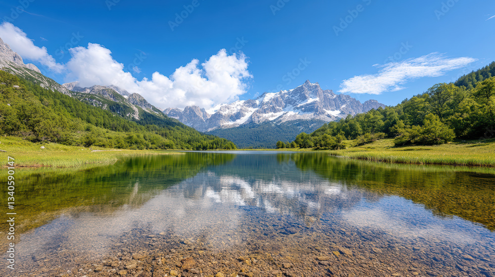 serene alpine lake reflecting majestic mountains and blue sky serene alpine lake reflecting majestic mountains and blue sky