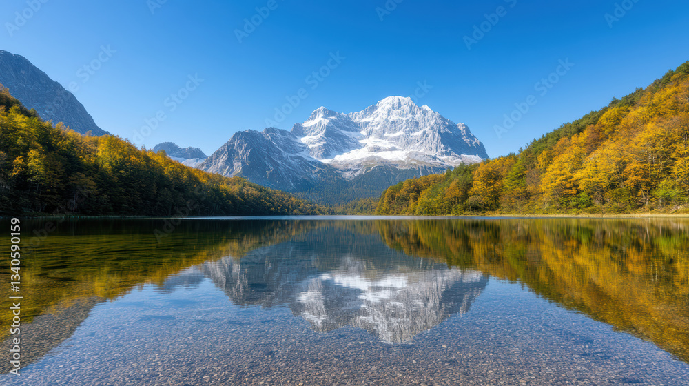 serene alpine lake reflecting majestic mountains and autumn foliage serene alpine lake reflecting majestic mountains and autumn foliage