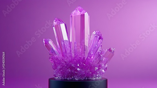 Vibrant Pink Crystal Cluster on Display with Shimmery Background