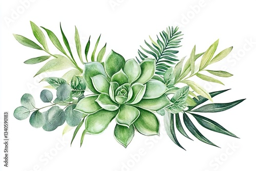 A delicate and ethereal watercolor painting presents a charming botanical arrangement, showcasing the subtle beauty of nature's artistry Soft hues blend seamlessly, creating a serene composition that