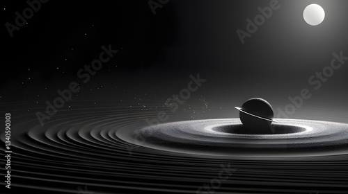 A striking black and white image of water rippling tranquilly capturing the effects of gravitational forces on the surface of liquid.