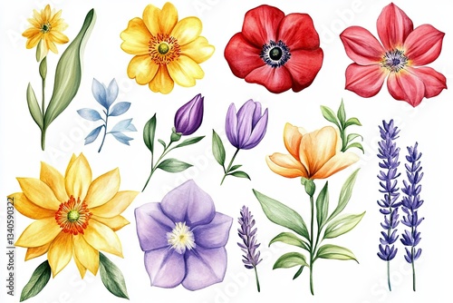 A delicate assemblage of watercolor floral elements, presented in a clip art style, this collection offers an array of blossoms in soft hues and gentle washes Each flower is meticulously rendered