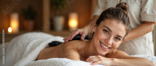 Panel kuchenny z motywem Serene attractive brunette woman getting hot stone massage in spa salon. Beautiful girl lying on couch enjoying body treatment in wellness center.