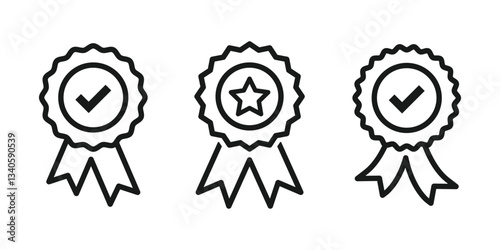 Approval , verified, quality, certified, qualified medal icon vector line set.