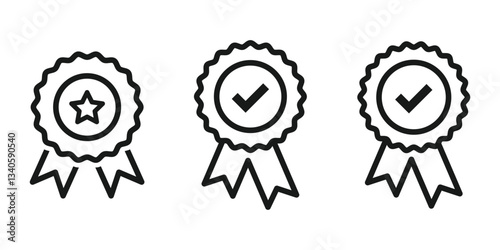Approval , verified, quality, certified, qualified medal icon vector line set.
