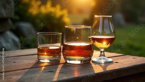 Golden Hour Spirits Three Glasses of Amber Liquid Resting on Rustic Wood, Bathed in Warm Sunset Light