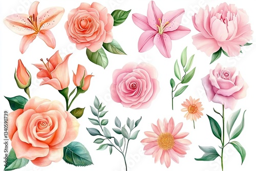 Wallpaper Mural A delicate watercolor collection showcasing the gentle beauty of floral arrangements, where roses, lilies, and daisies intertwine in a harmonious dance of color and form Soft petals unfurl, revealing Torontodigital.ca