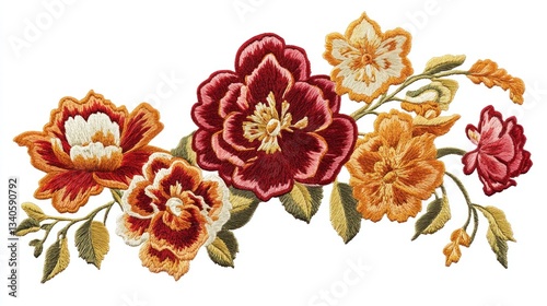 Fototapeta Naklejka Na Ścianę i Meble -  Embroidered floral design with rich burgundy, orange and cream flowers, detailed with intricate stitching on stems and leaves