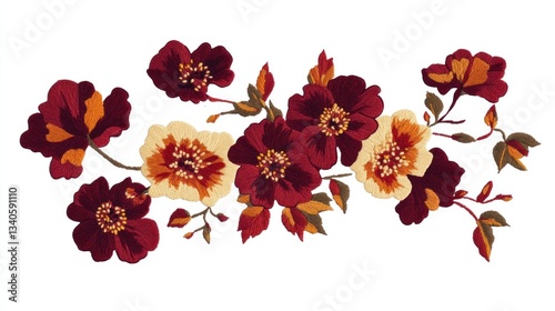 Detailed embroidered floral border design featuring dark maroon and cream blossoms
