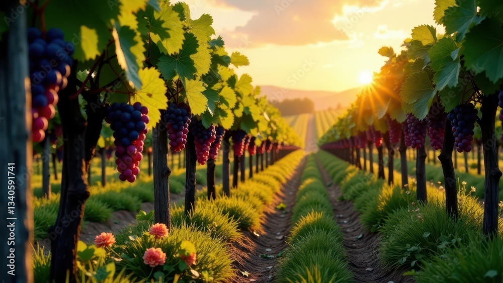 Obraz premium Golden Hour Vineyard Rows Ripe Grapes Hanging Heavy on Vines at Sunset