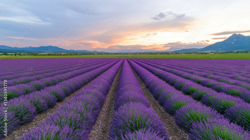 stunning view of lavender fields in Provence at sunset, showcasing vibrant purple rows stunning view of lavender fields in Provence at sunset, showcasing vibrant purple rows