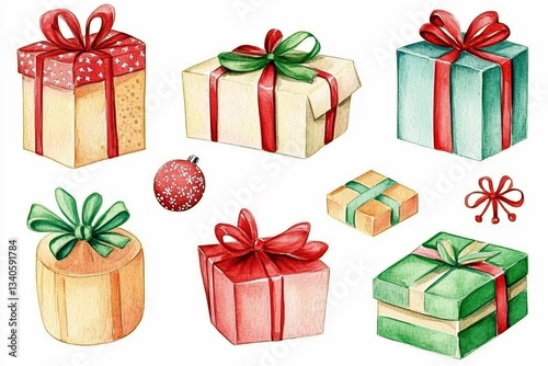 A delightful watercolor clip art set showcases a collection of various gifts, each meticulously crafted with attention to detail The palette is soft and inviting, featuring shades of red, green, and