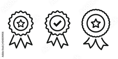 Approval , verified, quality, certified, qualified medal icon vector line set.