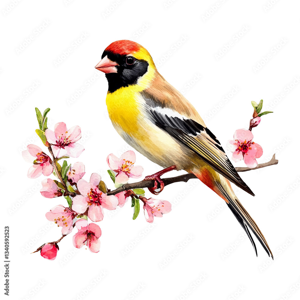 Obraz premium Watercolor bird on floral branch on transparent background. Generative ai design.