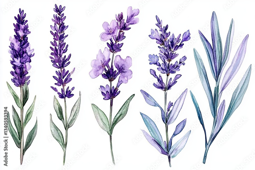 Naklejka premium A whimsical watercolor symphony unfolds, showcasing the delicate allure of lavender blooms Each petal, rendered with soft, ethereal strokes, whispers tales of Provence's sun-drenched fields The