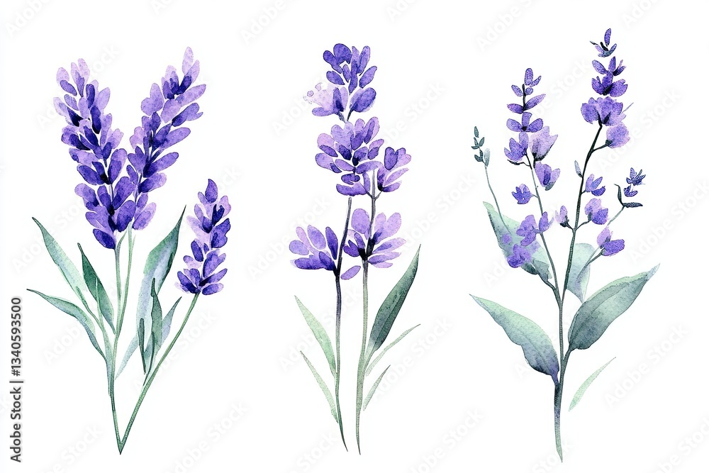 Obraz premium Delicate lavender sprigs are rendered in soft watercolor, showcasing a serene, peaceful feeling Their subtle hues of violet and green paint a portrait of summer's gentle charm and natural beauty The
