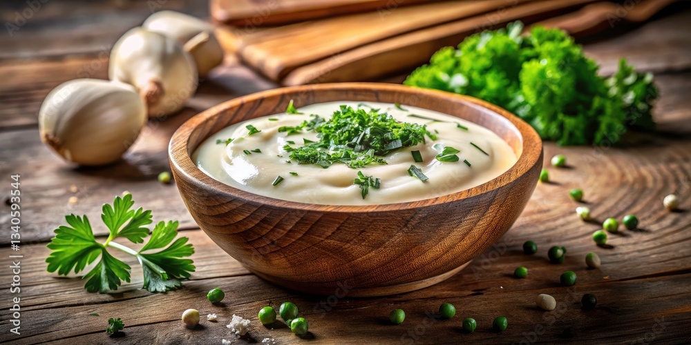 Creamy Sauce Wooden Bowl Herbs - Rustic Food Photography Stock Image Creamy Sauce Wooden Bowl Herbs - Rustic Food Photography Stock Image