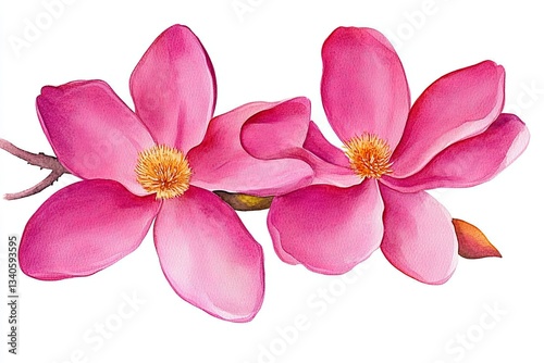 Delicate pink magnolia blossoms unfurl in a symphony of soft watercolor hues, their velvety petals kissed by the gentle light of a serene dawn The artist's brushstrokes capture the ethereal beauty of