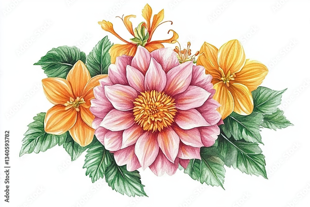 Obraz premium Delicate watercolor flowers grace the canvas, each petal painted with soft hues and gentle strokes A symphony of colors unfolds, intertwining pinks, yellows, and greens in a harmonious dance The