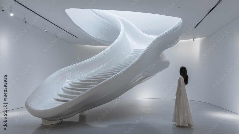 In the pure white space is an abstract sculpture that climbs up with a float stairs. The sculpture conforms to traditional Chinese oriental culture. The works are made of bamboo and silver cast alumin In the pure white space is an abstract sculpture that climbs up with a float stairs. The sculpture conforms to traditional Chinese oriental culture. The works are made of bamboo and silver cast alumin