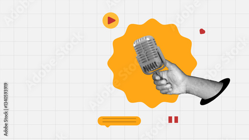 halftone collage, Podcasting and digital media, audiences with audio content, streaming, and broadcasting. creative storytelling and voice marketing