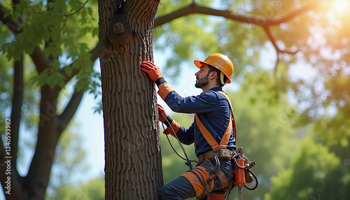  Arborist climbing tree in protective gear.

