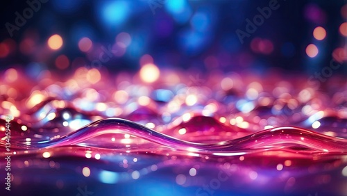 A vibrant abstract background featuring swirling waves of pink and blue light intertwined with glowing bokeh effects.