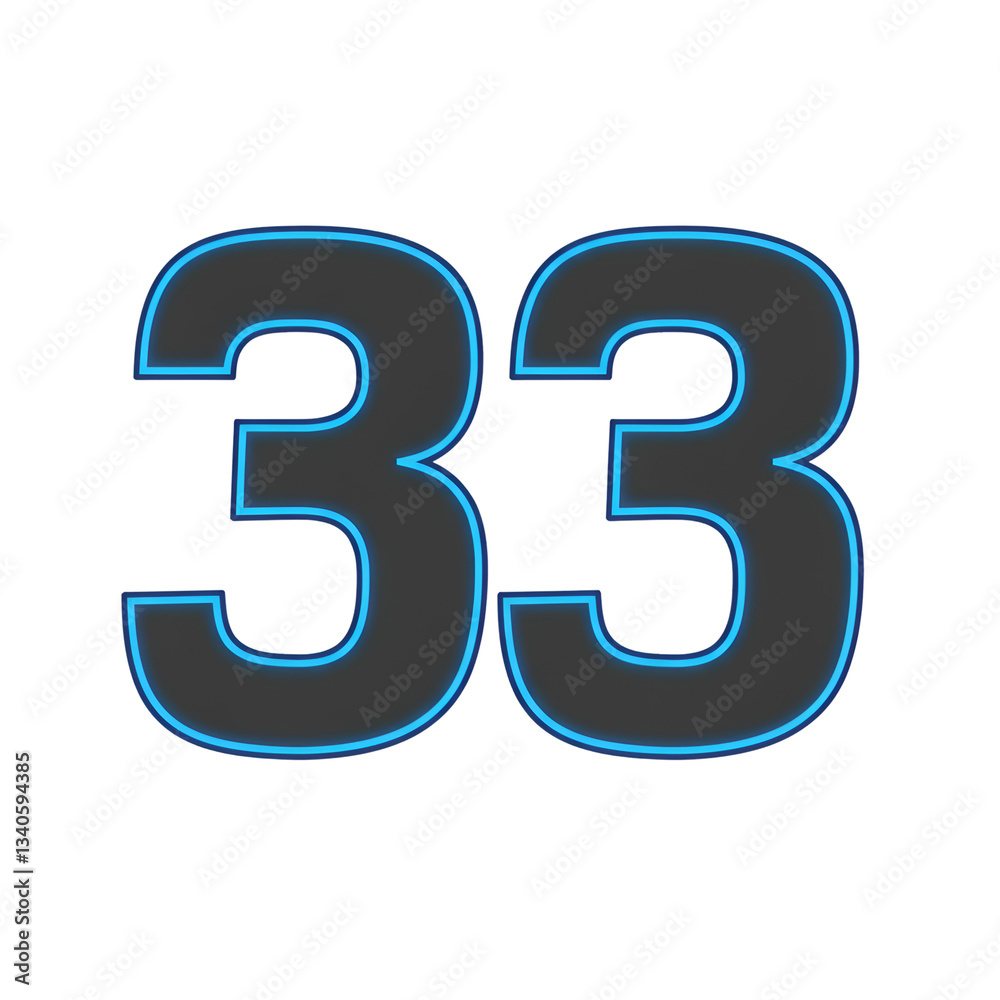 A vivid display of the number thirty three illuminated with a bright cyan outline glow effect transparent background A vivid display of the number thirty three illuminated with a bright cyan outline glow effect transparent background