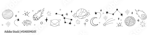 Celestial doodle border, falling star blink divider. Hand drawn ornament with stars, planets, meteorite and moon. Space magic simple decor.