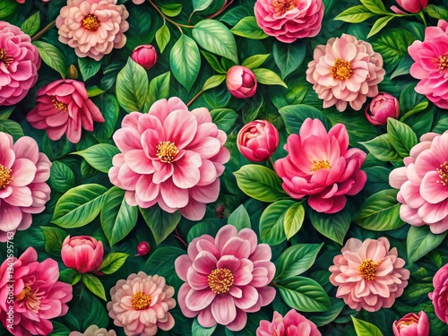 Wallpaper Mural Panoramic Pink Flower Floral Pattern Green Leaves Botanical Background Torontodigital.ca
