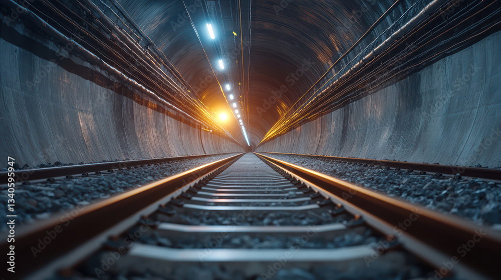 Naklejka premium high speed train track inside modern tunnel with glowing lights