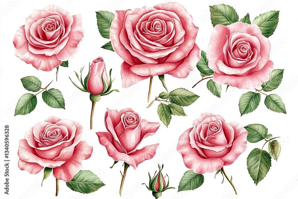 Soft watercolor of pink roses unfolds across the canvas, each petal a delicate brushstroke of color The artist's touch brings forth a gentle realism, capturing the essence of these timeless blooms A Soft watercolor of pink roses unfolds across the canvas, each petal a delicate brushstroke of color The artist's touch brings forth a gentle realism, capturing the essence of these timeless blooms A