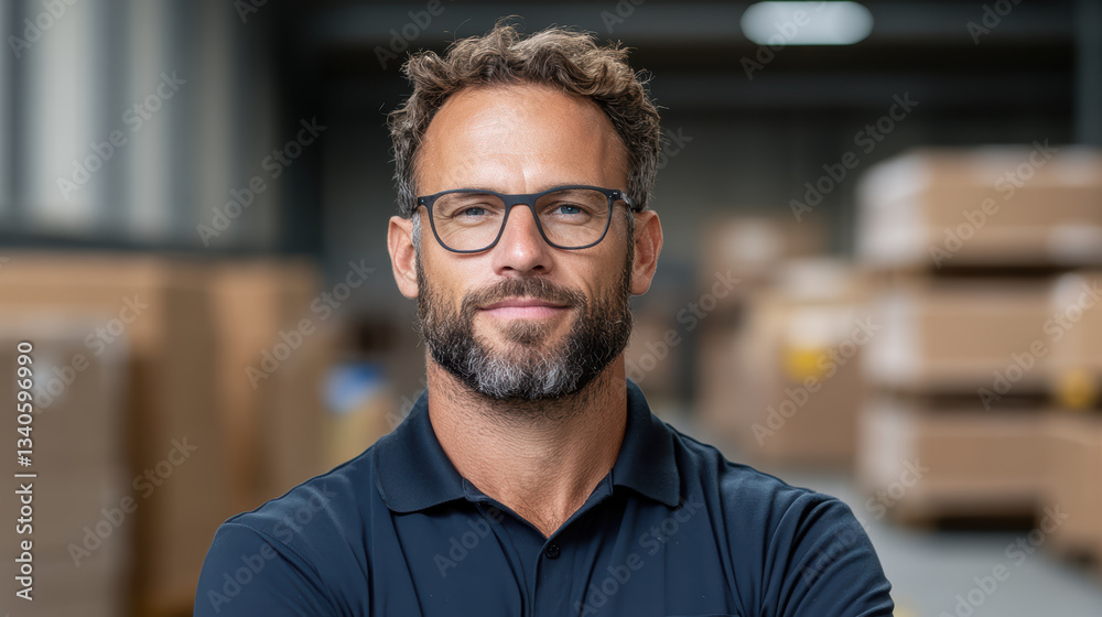 Obraz premium confident man in warehouse setting, surrounded by boxes and equipment