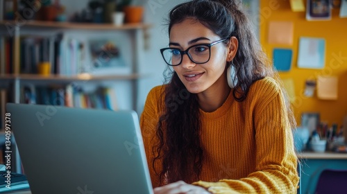 Female young hispanic school math teacher, college tutor coach looking at webcam and talking in classroom giving virtual teaching remote class online lesson by zoom conference call on laptop computer
