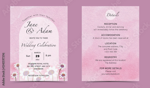 Watercolor a soft pink textured background with white daisy Wedding Invitation Set Template