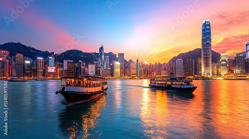 Hong Kong Skyline at Sunset with Star Ferry