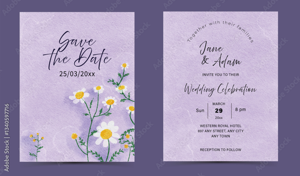 Obraz premium Watercolor soft purple textured background with white daisy Wedding Invitation Set Template