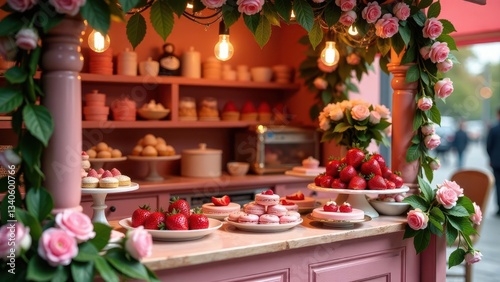 Wallpaper Mural A Charming Pink Pastry Cart Adorned with Roses and Fresh Strawberries, Displaying an Array of Delicate Pastries and Macarons Torontodigital.ca