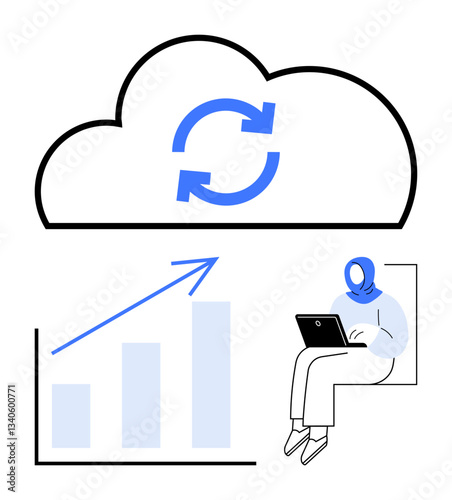 Cloud with sync arrows, upward chart indicating growth, person with laptop symbolizing remote work. Ideal for cloud computing, data sync, business growth, remote work, technology, innovation flat