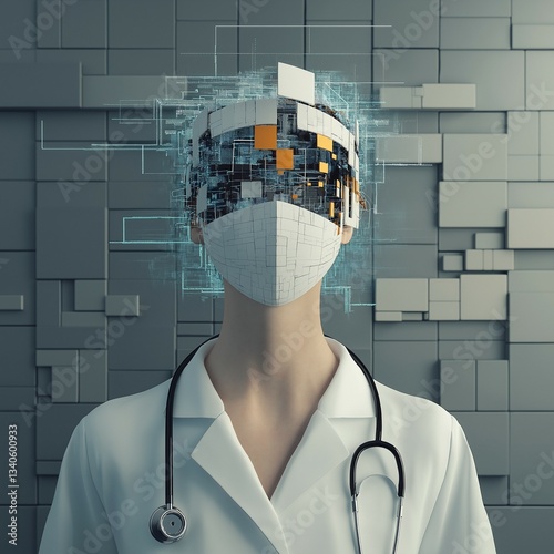 A futuristic AI doctor wearing a white coat and mask, with a digital, fragmented head composed of circuits and data, symbolizing the integration of artificial intelligence in medicine.