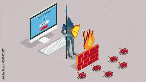 Hight resolution animation video. Online data security. Antivirus software for work safe the web. Security data protection with firewall. illustration.